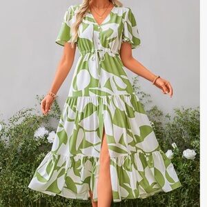 Green and White Patterned Maxi Dress